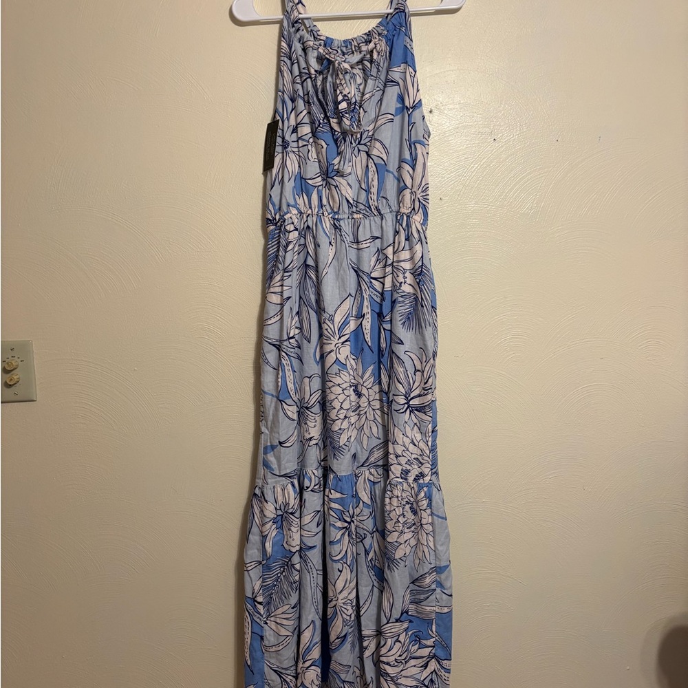 Halston Linen Blend Blue Floral Halter Maxi Dress NWT Size M - Picture 8 of 8